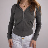 Zip-up long sleeve hoodie ribbed pocket top