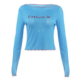 Long sleeve ribbed letter embroidery top