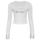 Long sleeve hoodie lace hem embroidery 2 piece top