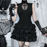 High neck ruffle lace hem ruched mini dress