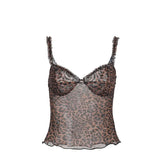 Leopard print v neck sheer mesh ruffle top