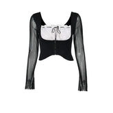 Long sleeve lace ruched self tie crop top