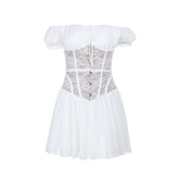 Off shoulder lace button ruched mini dress