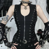 Zip-up u neck lace up sleeveless solid top