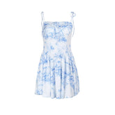Square neck print self tie cami mini dress