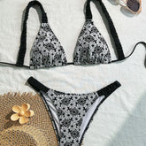 Self tie flower print v neck bikini swimwear