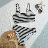 Striped print u neck self tie bikini swimwear