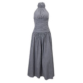 Striped halter ruched smocked maxi dress