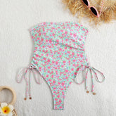 Self tie flower print tube one piece swimwear