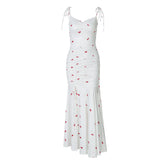 Drawstring slit ruched print cami maxi dress