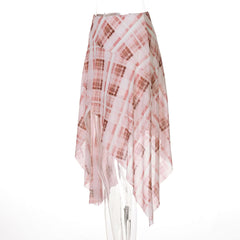 Plaid irregular ruffle midi skirt