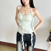 Halter beaded ruffle lace patchwork top