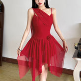 U neck flower applique irregular cami mini dress