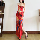 Contrast ruffle slit ruched maxi skirt set