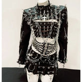 Long sleeve rivet PU leather o ring metal chain belt top