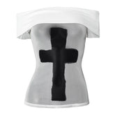 Off shoulder mesh cross pattern tube top