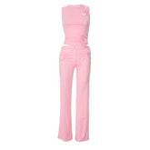 Hollow out ruched crewneck solid pant set