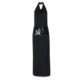 Halter cowl neck glitter backless maxi dress