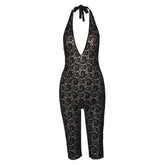 Halter self tie v neck lace backless romper