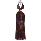 Hollow out halter self tie v neck slit cut out maxi dress