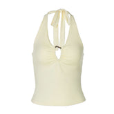 Hollow out ruched halter self tie backless cut out top