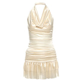 Cowl neck ruched halter ruffle mini skirt set