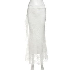 Lace ruffle irregular maxi skirt