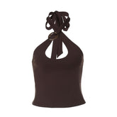 Hollow out halter self tie solid backless cut out top