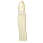 Halter self tie v neck ruched mesh maxi dress
