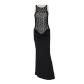 Crewneck lace patchwork ruched maxi dress