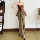 Ruched lace up v neck spaghetti strap maxi dress