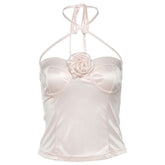 Cross front halter self tie flower applique top