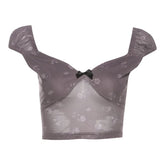 Bowknot ruched v neck cap sleeve print top