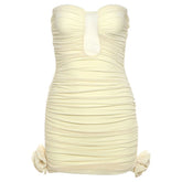Ruched flower applique backless tube mini dress