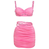 Ruched v neck hollow out cami mini skirt set