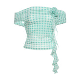 Plaid flower applique off shoulder mesh top