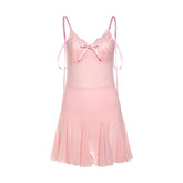 Bowknot v neck lace hem self tie cami mini dress