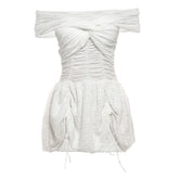 Off shoulder ruched drawstring solid mini dress