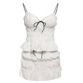 Ruffle v neck ruched spaghetti strap mini skirt set
