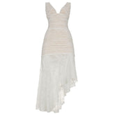 V neck lace ruched midi dress