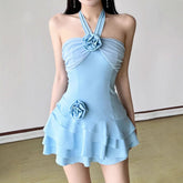 Halter flower applique ruffle mini dress