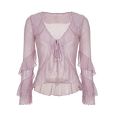 Long sleeve v neck ruffle mesh self tie top