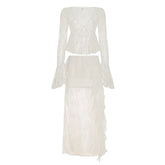 Long sleeve lace v neck ruffle maxi skirt set