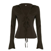 Turnover collar long flared sleeve self tie top