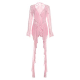 Mesh long sleeve v neck ruffle self tie mini skirt set