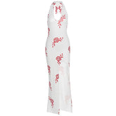 Halter v neck slit flower print maxi dress