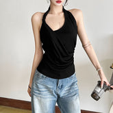 Halter ruched irregular backless top