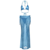 V neck self tie halter print maxi skirt set