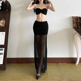 Ruched knotted mesh tube maxi skirt set