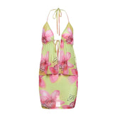 Halter self tie flower print mesh mini skirt set